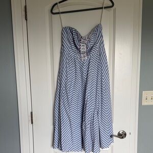Anthropologie Blue and White Strapless Lace-Up Sundress